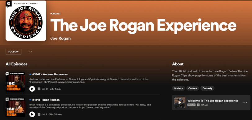 Spotify app showing Joe Rogan podcast
