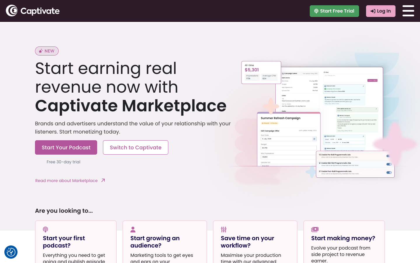 Captivate homepage showing its podcast marketplace and campaign dashboard