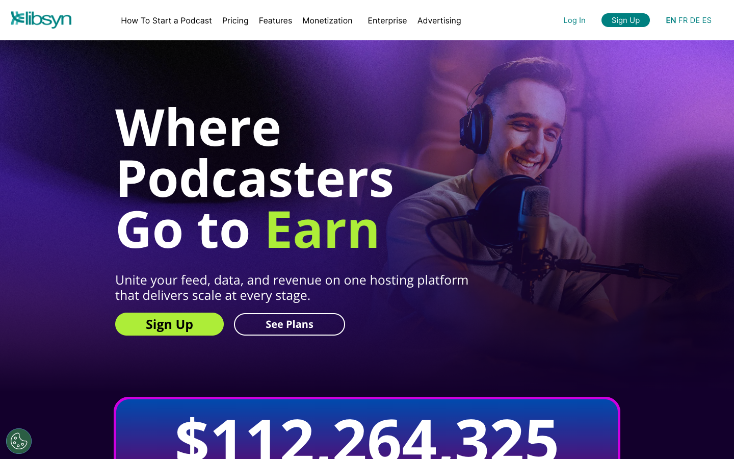 Libsyn homepage promoting podcast hosting and creator revenue tools