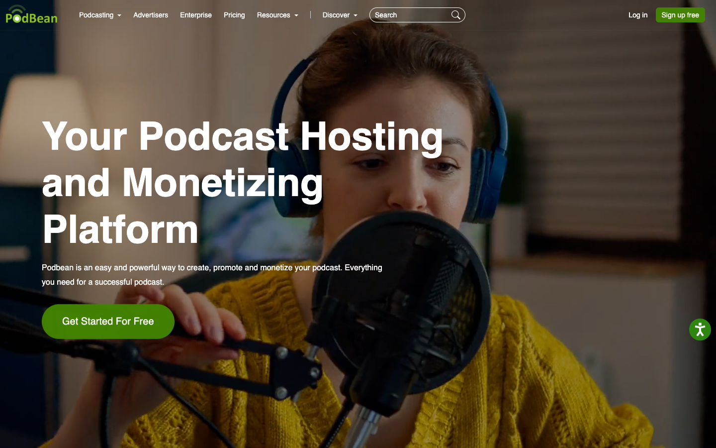 Podbean homepage presenting podcast hosting and monetization