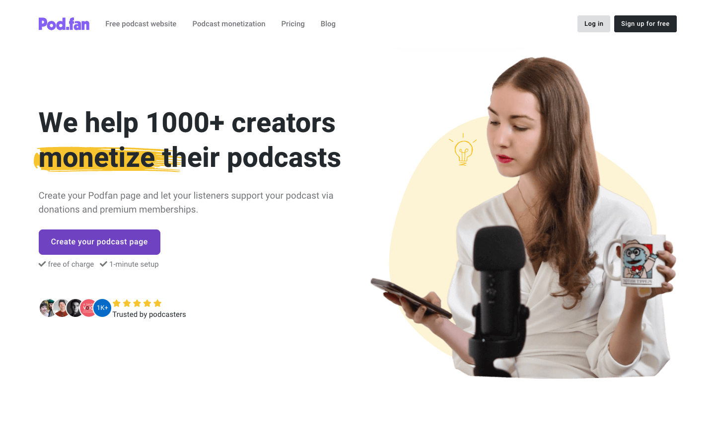Podfan homepage presenting podcast memberships and creator monetization