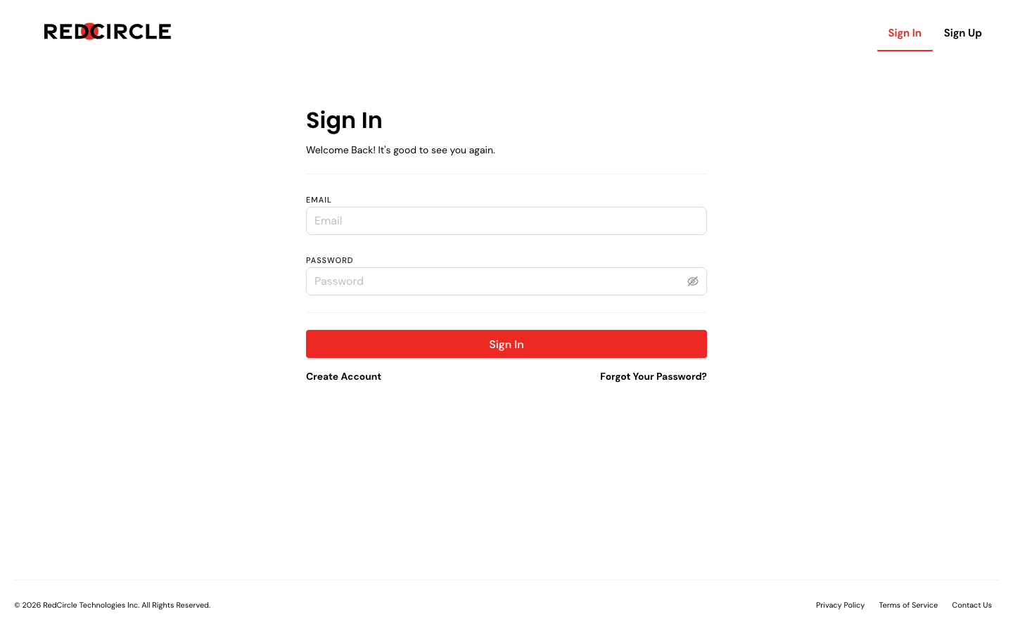 RedCircle creator web application sign-in page