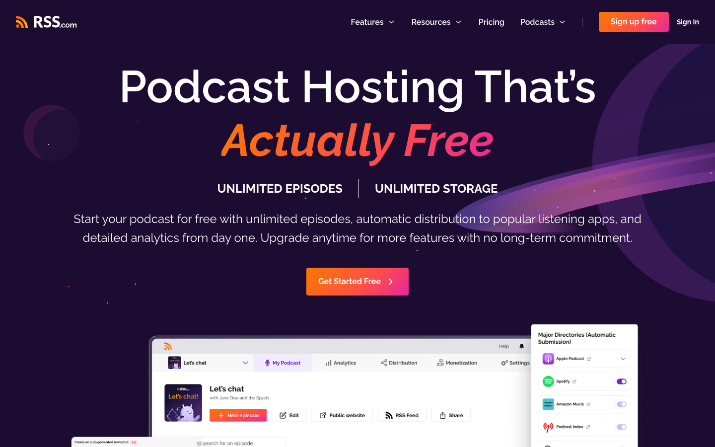 RSS.com homepage promoting free podcast hosting and unlimited episodes