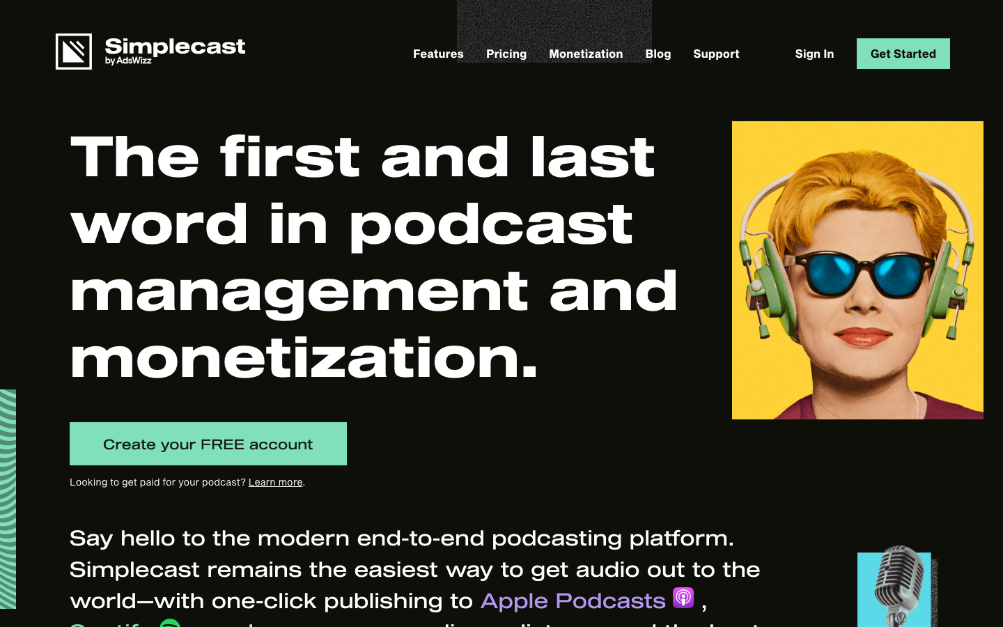 Simplecast homepage presenting podcast management and monetization