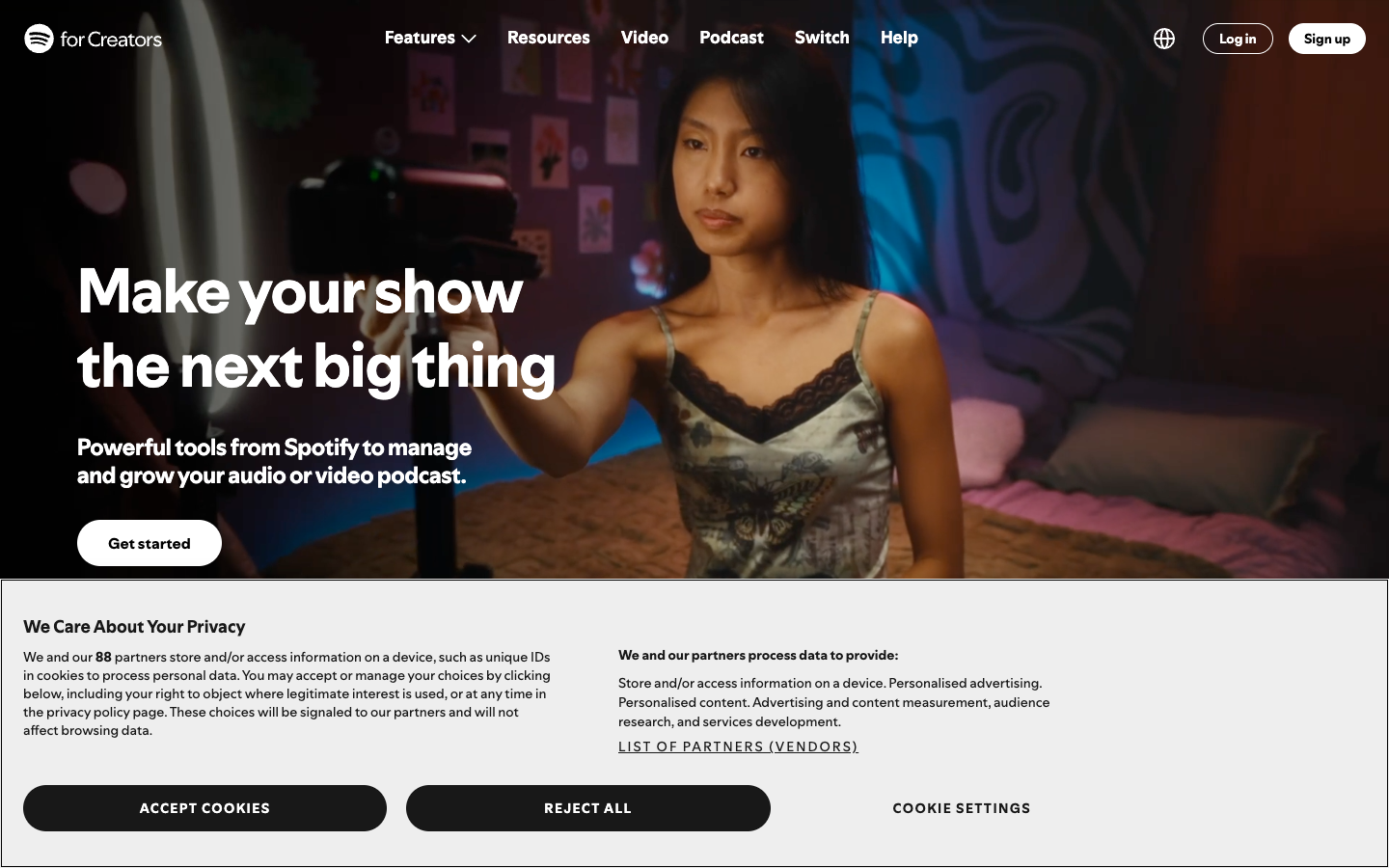 Spotify for Creators homepage promoting tools for audio and video podcasts