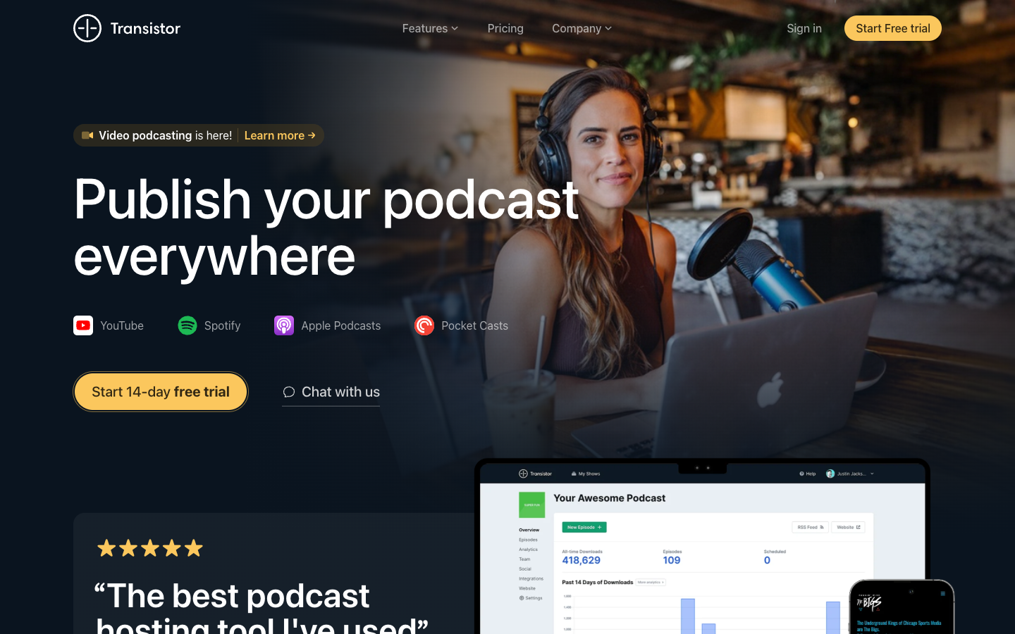 Transistor homepage promoting podcast publishing across major listening platforms