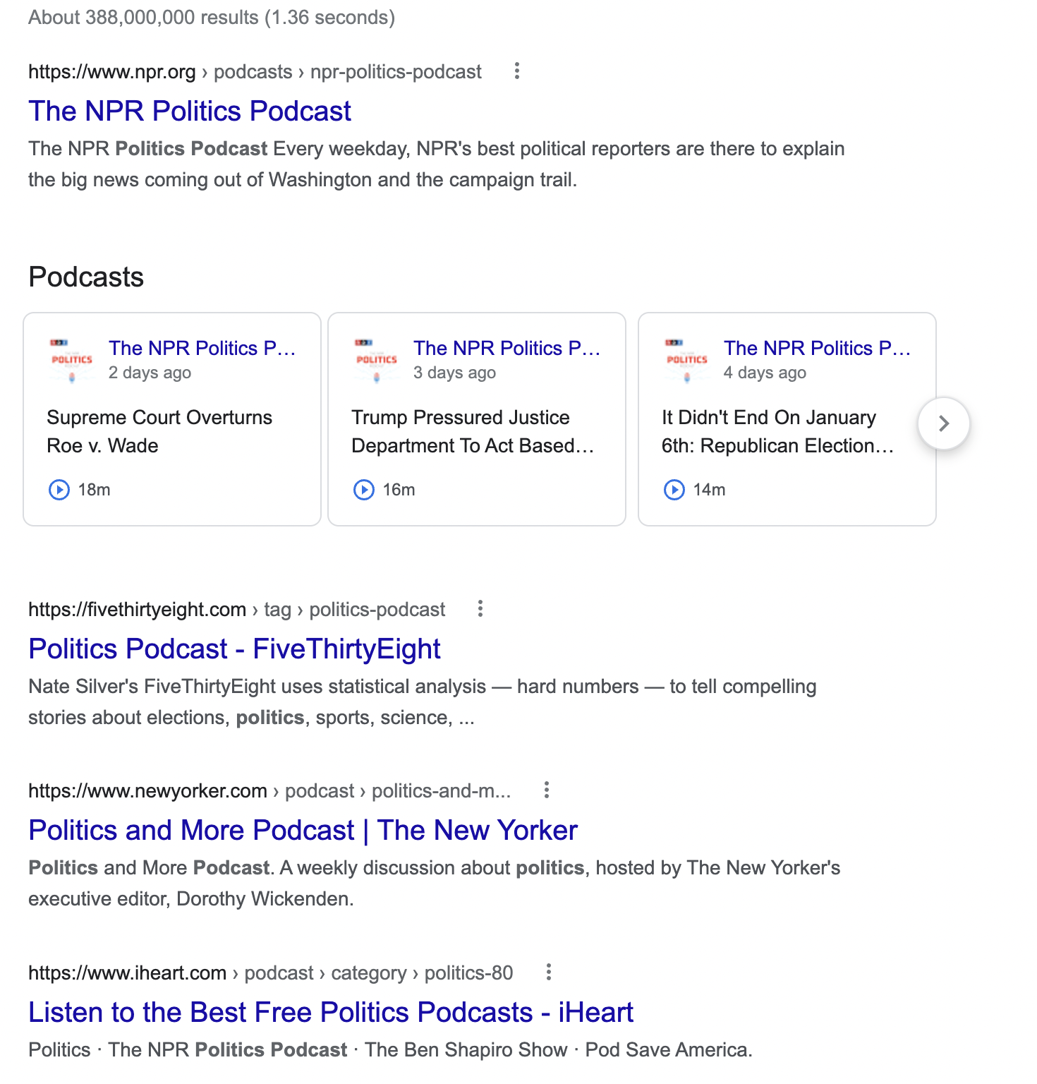 Google search results for “politics podcast”